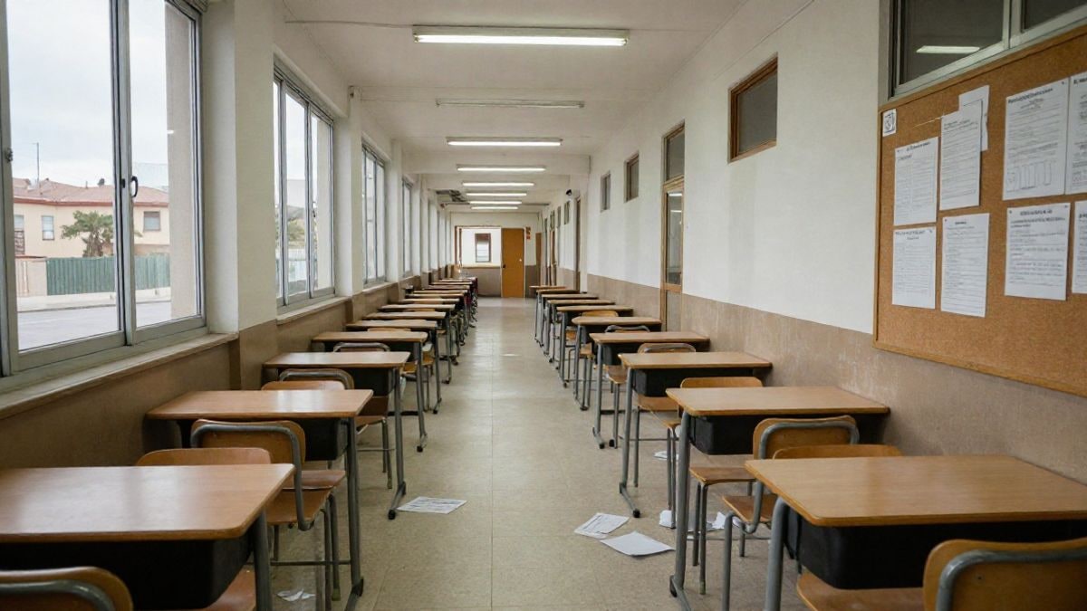 Imagen ilustrativa: un pasillo escolar vacío con pupitres y una pizarra al fondo