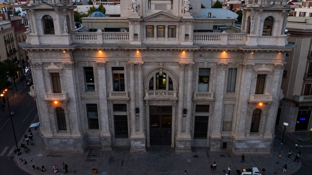 Imagen ilustrativa: fachada de un edificio consistorial iluminada con luz naranja al anochecer