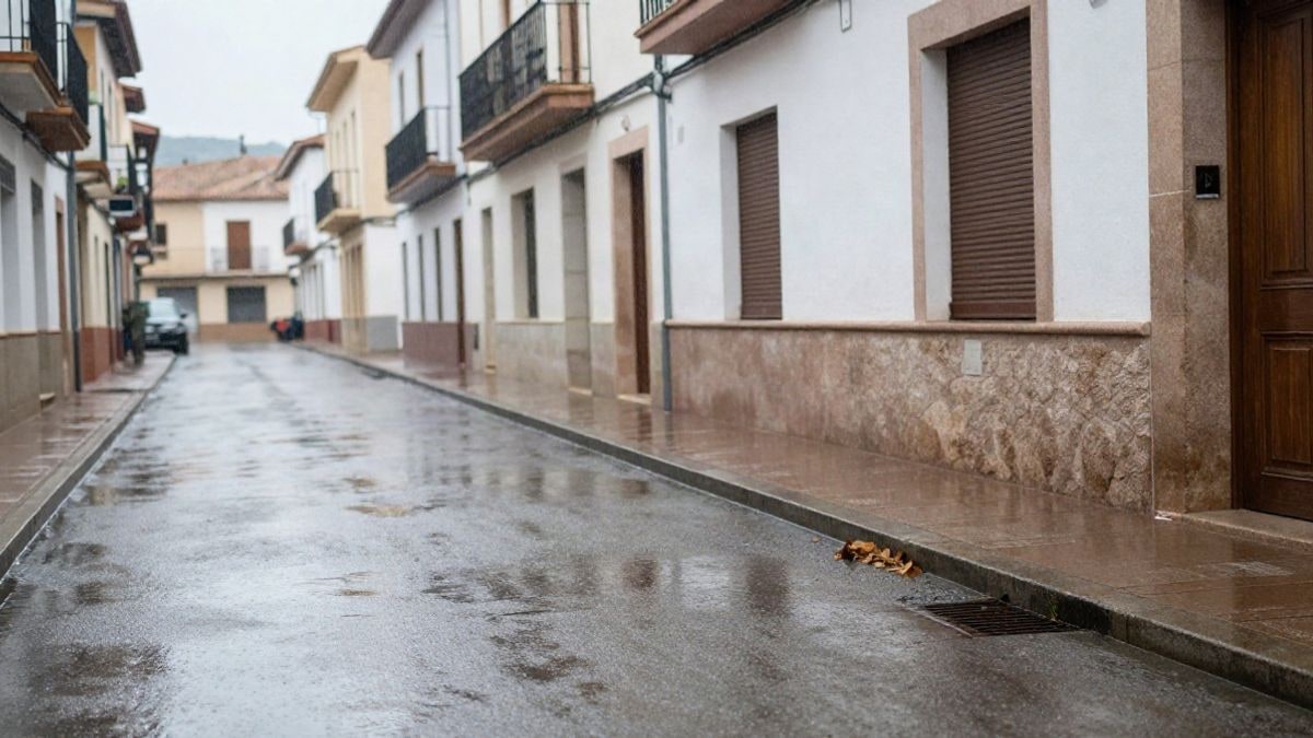 Imagen ilustrativa: calle de un municipio mediterráneo bajo la lluvia intensa, con agua corriendo por la acera y un imbornal