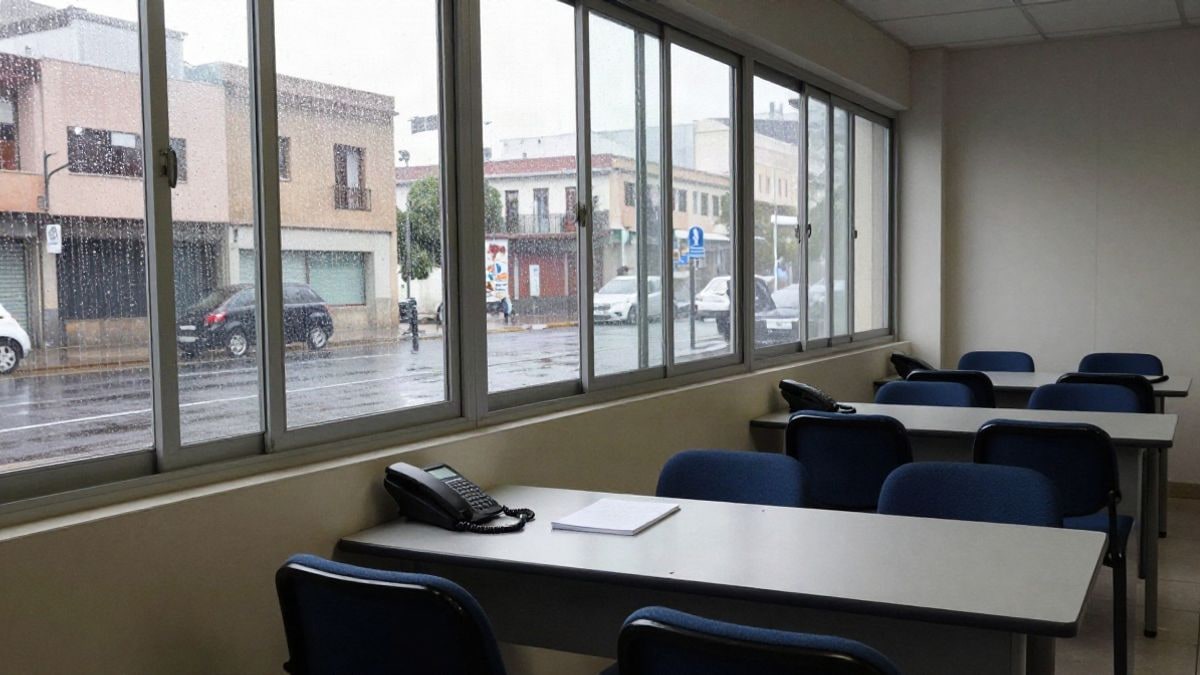 Imagen ilustrativa: sala de emergencias municipal con sillas vacías y lluvia en la ventana