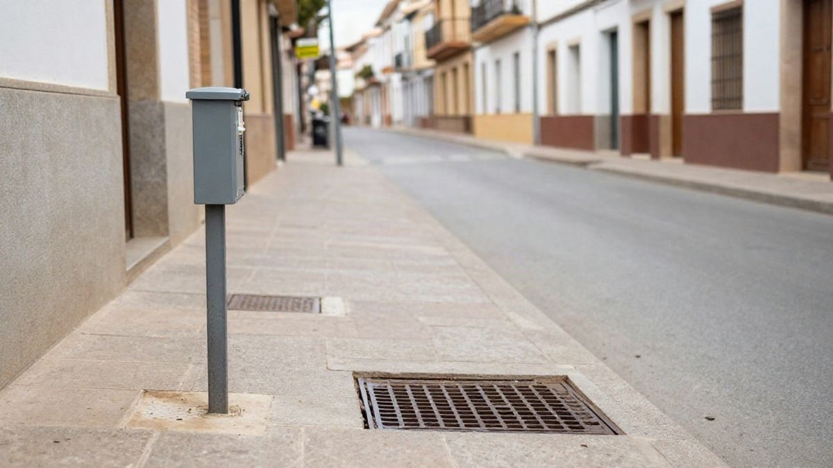 Imagen ilustrativa: una calle residencial con una tapa de alcantarilla abierta y un cono de tráfico naranja, sin personas.