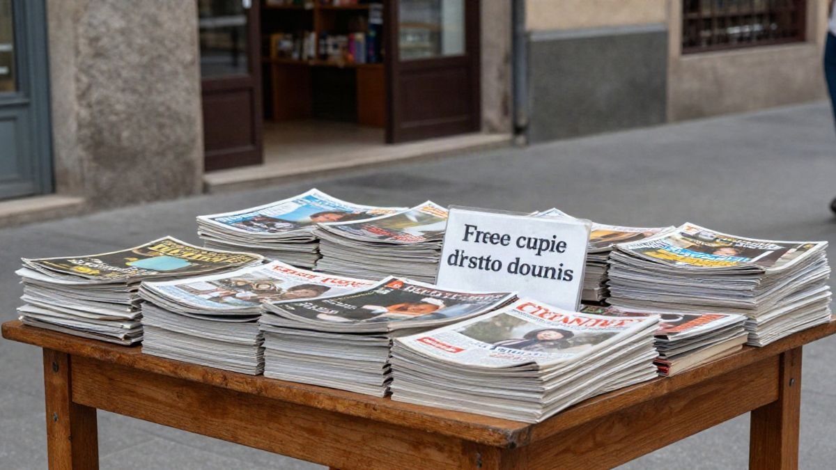 Imagen ilustrativa: pila de revistas antiguas sobre una mesa en un centro cultural, con un cartel que indica ejemplares gratuitos