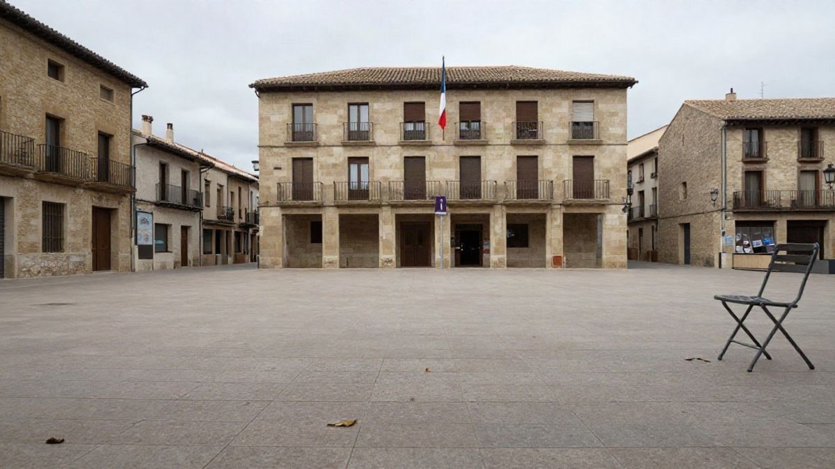 Imagen ilustrativa: plaza pública vacía con un edificio municipal al fondo bajo un cielo nublado