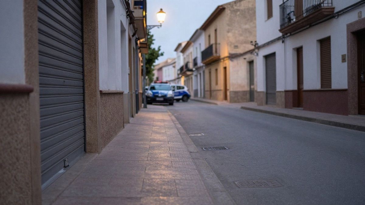 Imagen ilustrativa: calle residencial tranquila de noche con una persiana metálica bajada y un coche patrulla al fondo