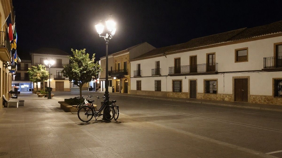 Imagen ilustrativa: plaza de un pueblo español de noche con bicicletas aparcadas junto a una farola