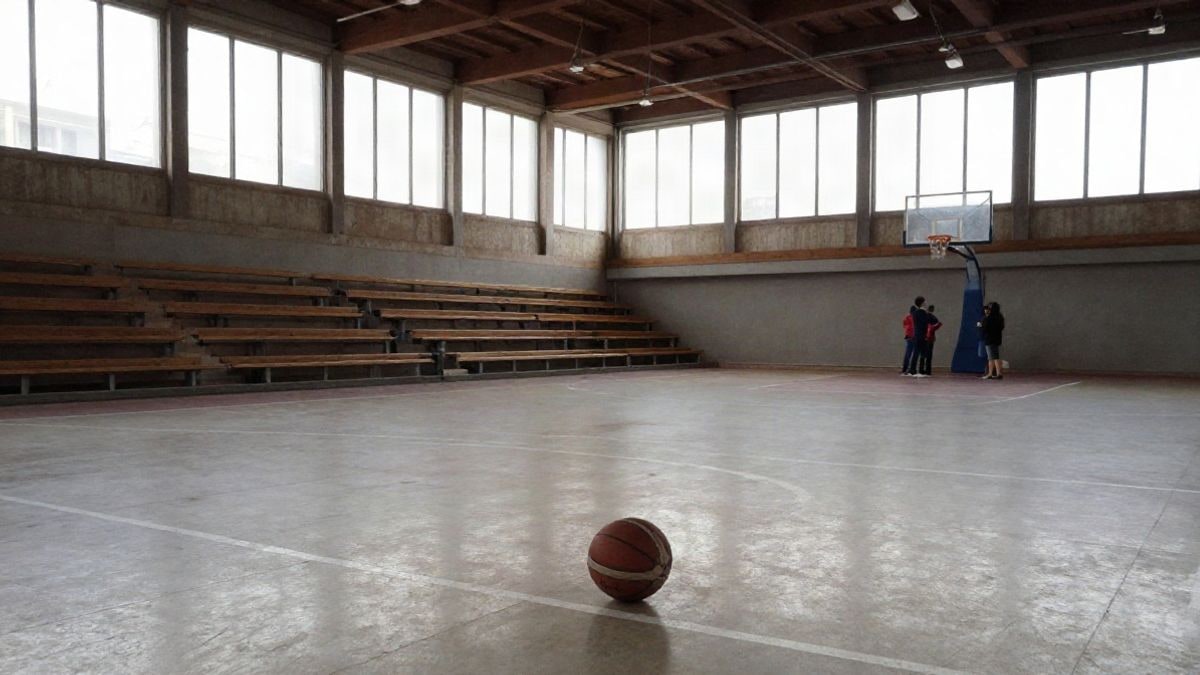 Imagen ilustrativa: interior de un pabellón deportivo municipal con una pista de baloncesto y luz lateral de ventana