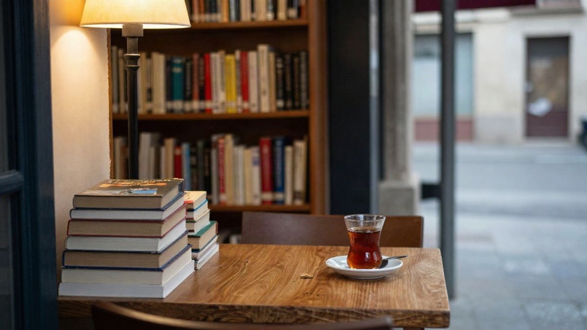 Imagen ilustrativa: un rincón de lectura en una biblioteca con libros apilados y una taza de té sobre una mesa de madera.
