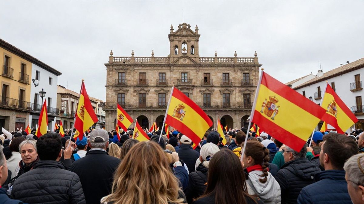 Imagen ilustrativa: una plaza española llena de gente de espaldas, con una iglesia al fondo, en un día nublado.
