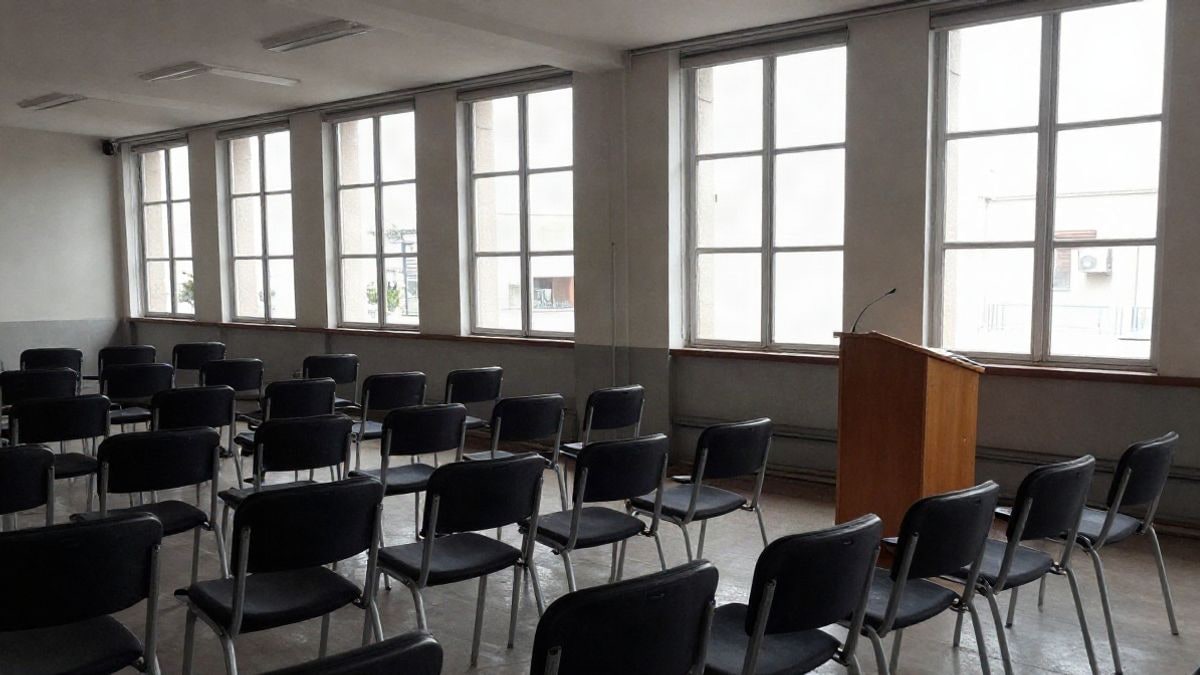 Imagen ilustrativa: sala de conferencias vacía con sillas y un atril junto a una ventana