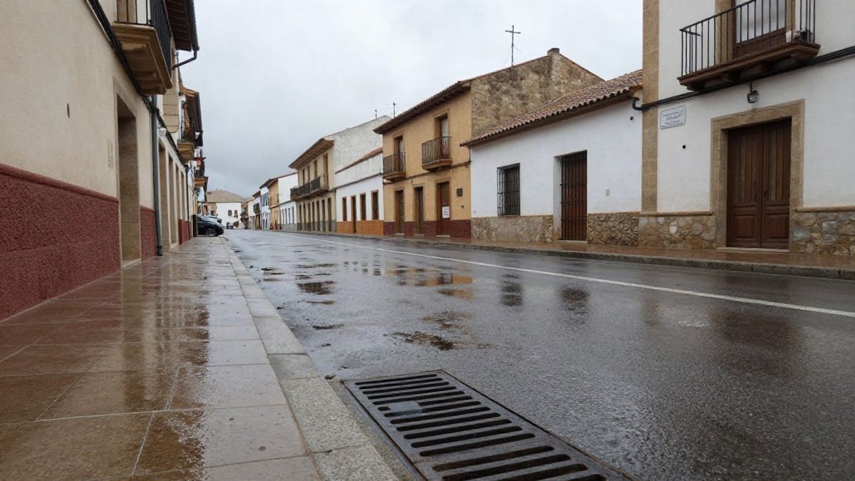 Imagen ilustrativa: calle mojada de un pueblo español tras las lluvias, con charcos y cielo nublado