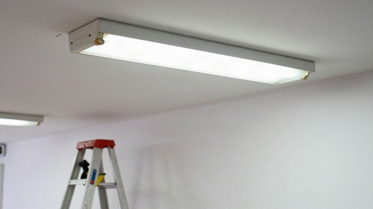 Imagen ilustrativa: detalle de una luminaria de techo en un pasillo escolar durante una renovación