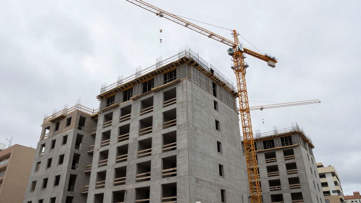 Imagen ilustrativa: fachada de un edificio residencial en construcción vista desde el suelo con cielo nublado
