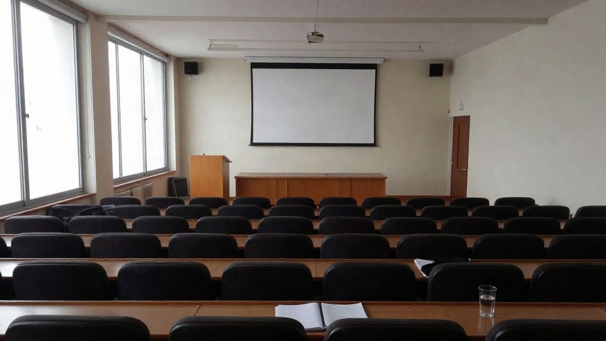 Imagen ilustrativa: auditorio institucional vacío con un atril y luz lateral de ventana antes de un acto