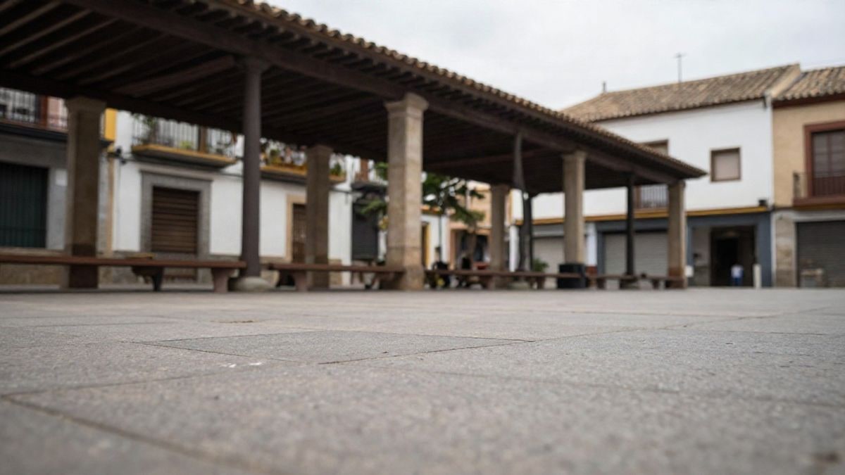 Imagen ilustrativa: ángulo bajo de una plaza pública con porche, sin personas