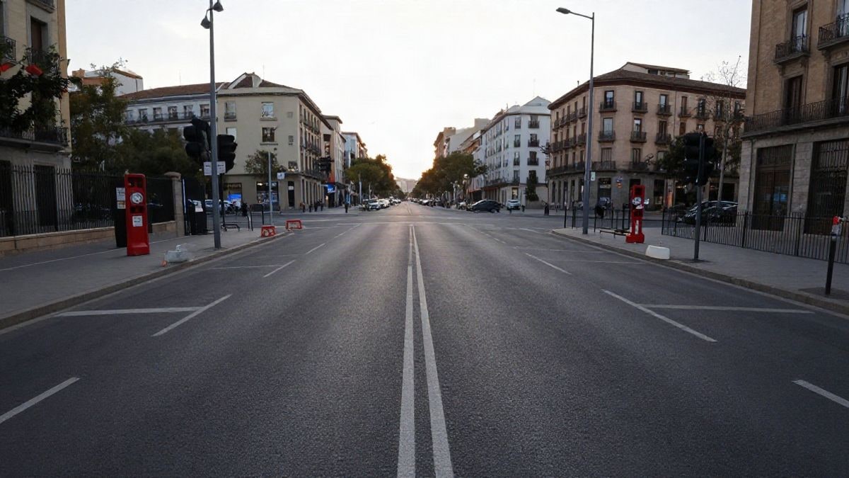 Imagen ilustrativa: calle urbana vacía con líneas que convergen hacia una plaza al fondo
