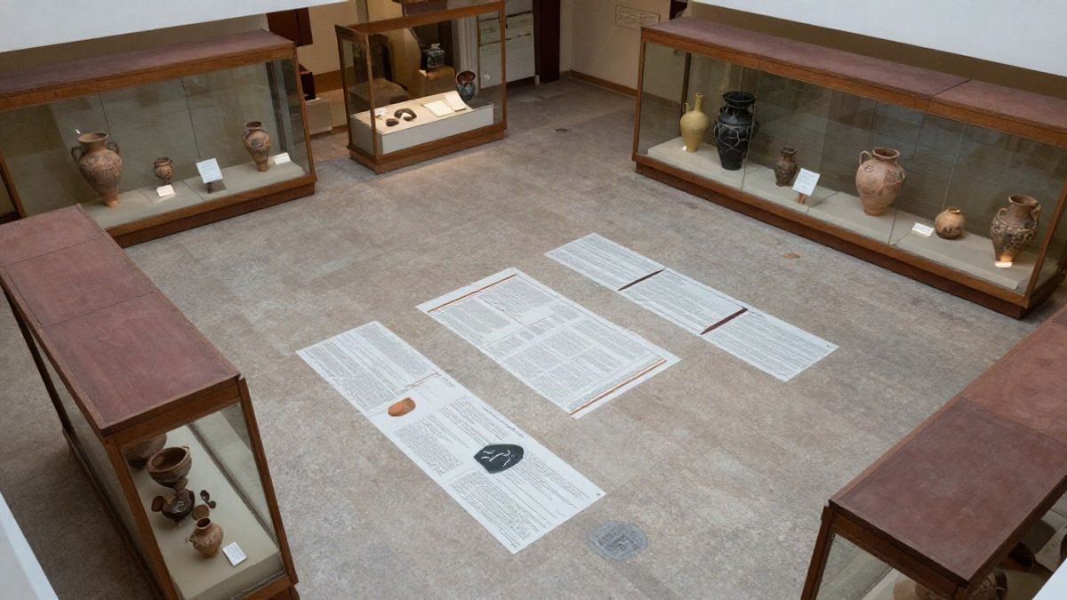 Imagen ilustrativa: vista cenital de una sala de museo con vitrinas arqueológicas y paneles informativos