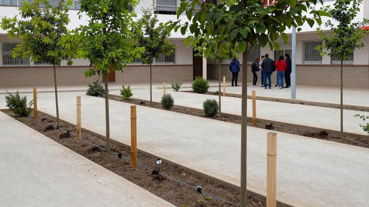 Imagen ilustrativa: patio escolar recién pavimentado con alcorques y pequeños árboles plantados, con un edificio escolar al fondo.