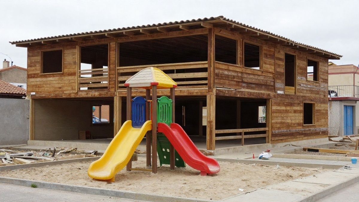 Imagen ilustrativa: obra de un edificio de madera en construcción con un pequeño parque infantil al lado, en una calle urbana.