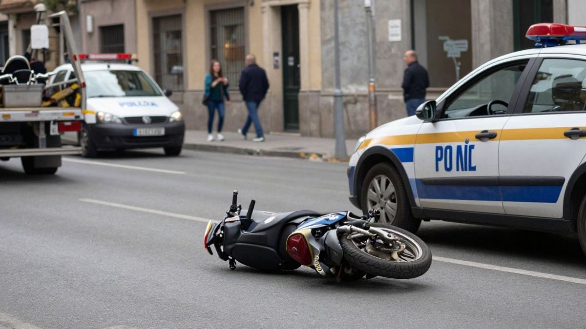 Imagen ilustrativa: un cruce urbano con un coche de policía y una moto en el suelo bajo un día nublado.