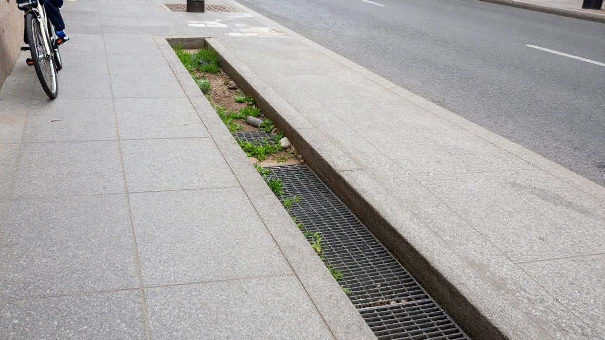 Imagen ilustrativa: vista cenital de un sistema urbano de drenaje sostenible en una acera, con pavimento permeable y zona verde