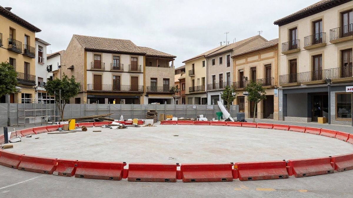 Imagen ilustrativa: plaza urbana en obras con vallas y materiales de construcción