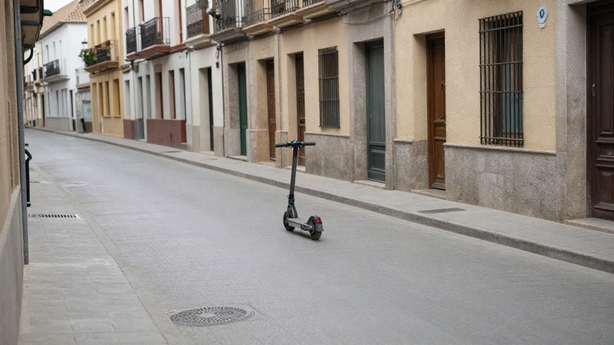 Imagen ilustrativa: un patinete eléctrico aparcado en una acera vacía de una calle española