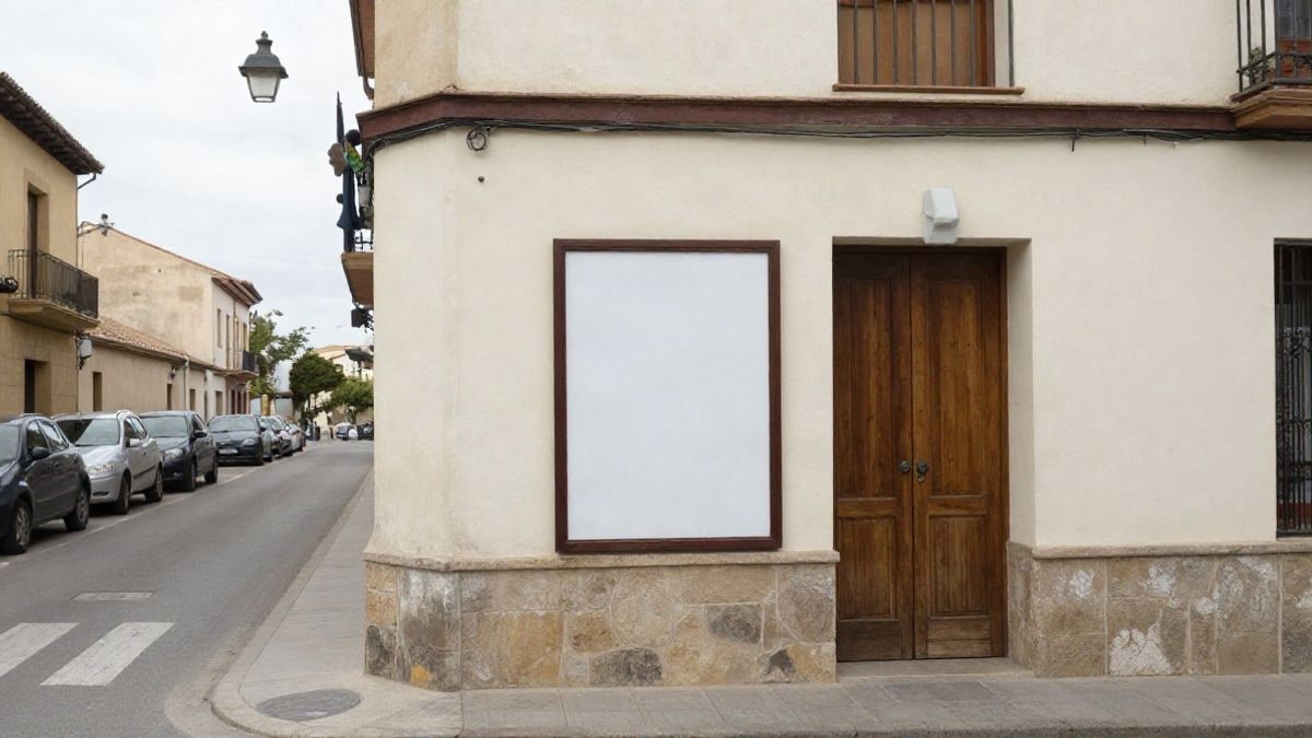 Imagen ilustrativa: entrada de un pequeño cine de barrio con un marco de cartel vacío y una calle tranquila
