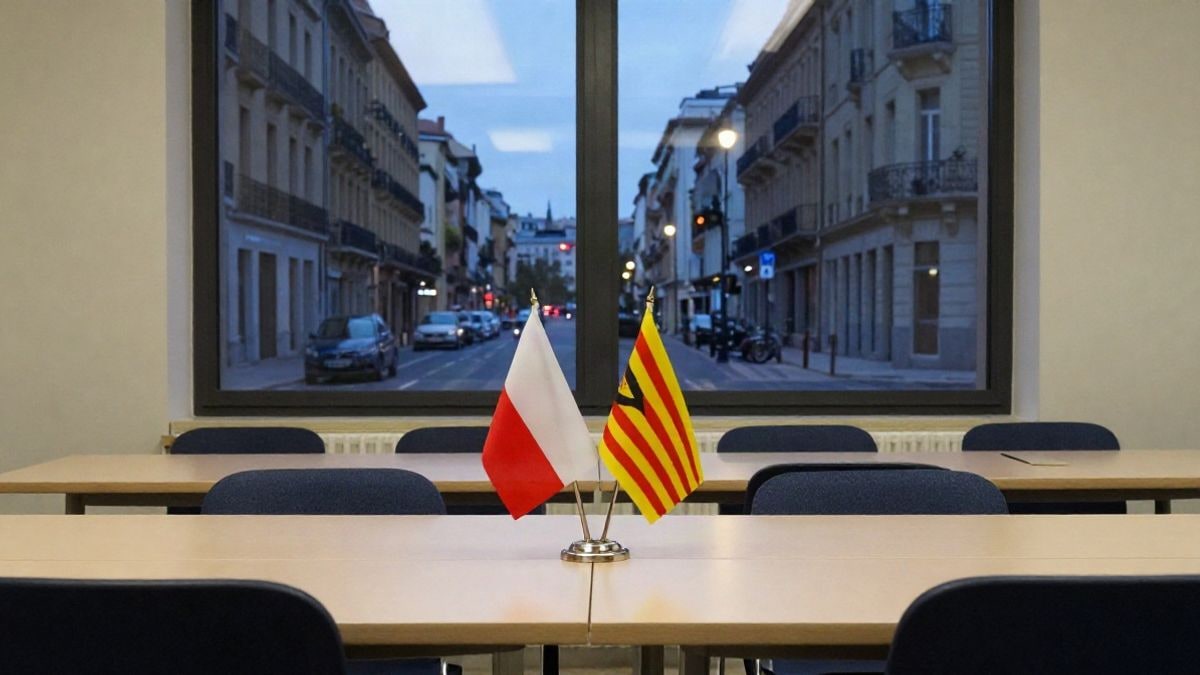 Imagen ilustrativa: sala de reuniones vacía con banderas de Polonia y Cataluña sobre la mesa, iluminada por luz nocturna de la calle.
