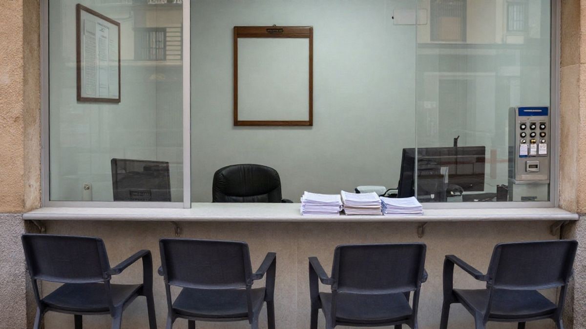 Imagen ilustrativa: mostrador de oficina de atención ciudadana con formularios y sillas vacías