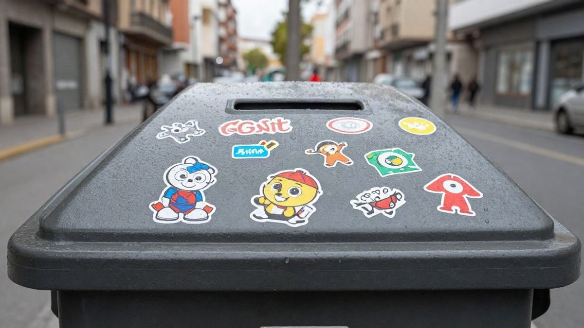 Imagen ilustrativa: detalle de la superficie de un contenedor de reciclaje con adhesivos de colores