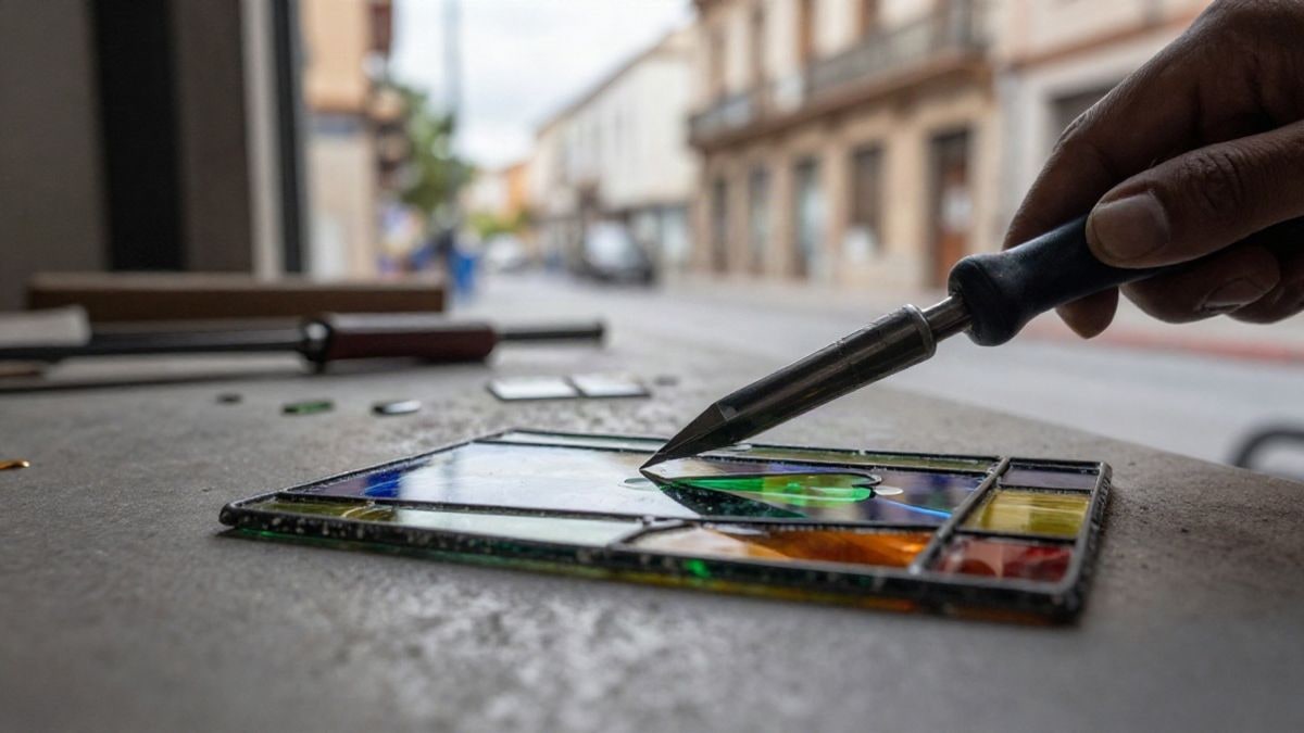 Imagen ilustrativa: primer plano de una herramienta de corte sobre vidrio de colores en un taller