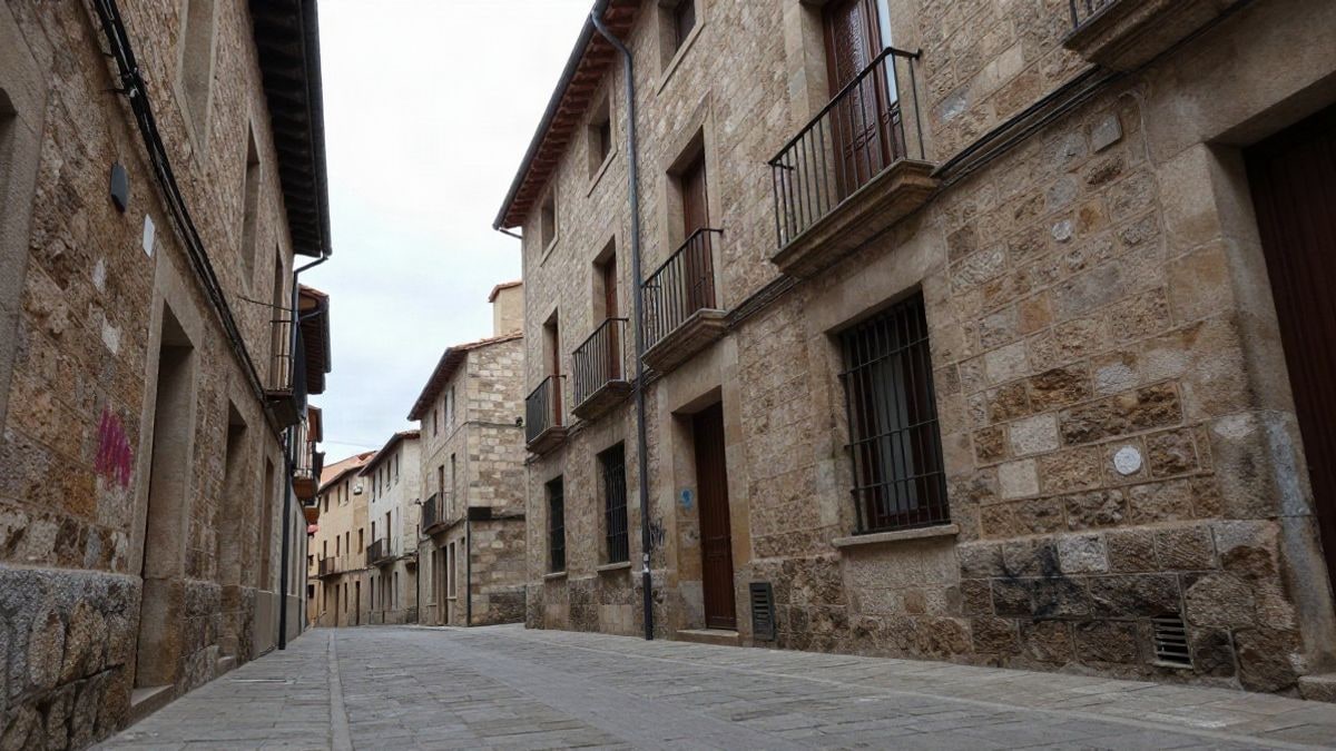 Imagen ilustrativa: callejón de piedra en un casco histórico con fachadas antiguas y cielo nublado