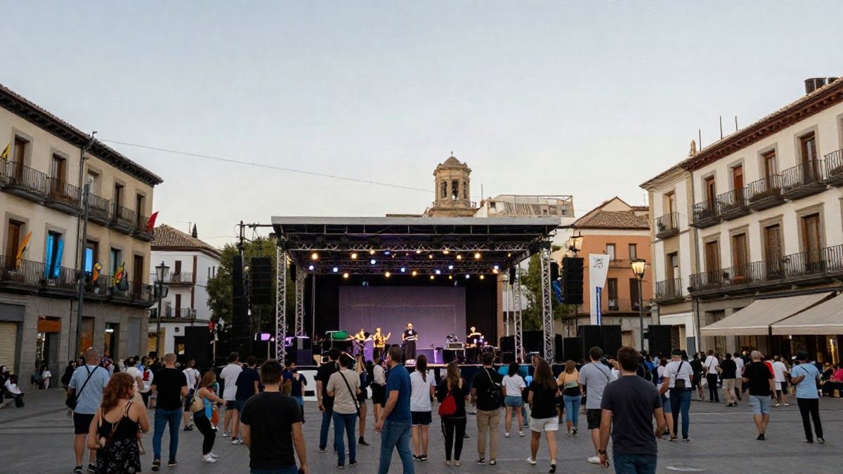 Imagen ilustrativa: un escenario al aire libre en una plaza urbana durante una fiesta mayor, con luces y público de fondo.