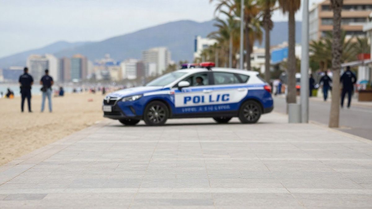 Imagen ilustrativa: paseo marítimo de una playa urbana con un coche de policía al fondo, en un día nublado.
