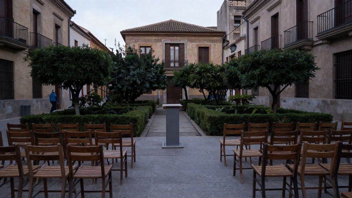 Imagen ilustrativa: sillas vacías y un atril en un jardín urbano al atardecer