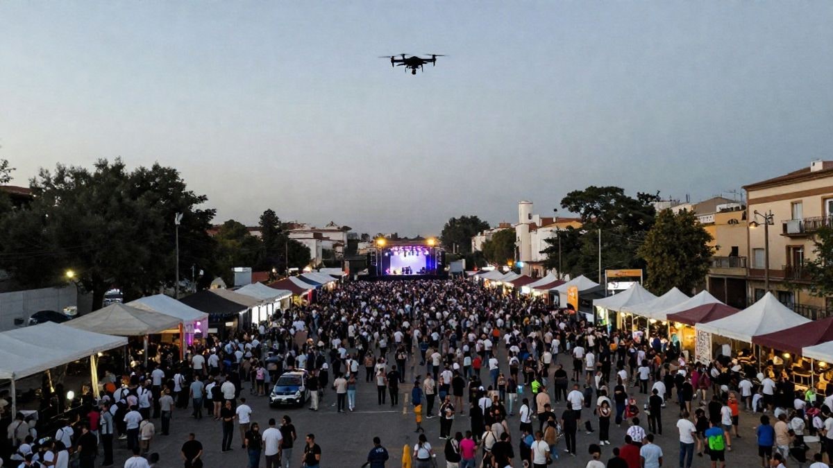Imagen ilustrativa: vista aérea de un festival multitudinario con un dron sobrevolando la zona.