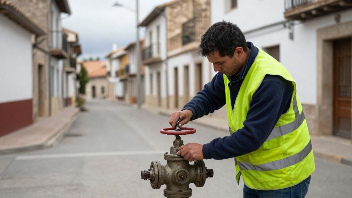 Imagen ilustrativa: un operario de servicio de aguas revisa una válvula en la calle, con viviendas al fondo.