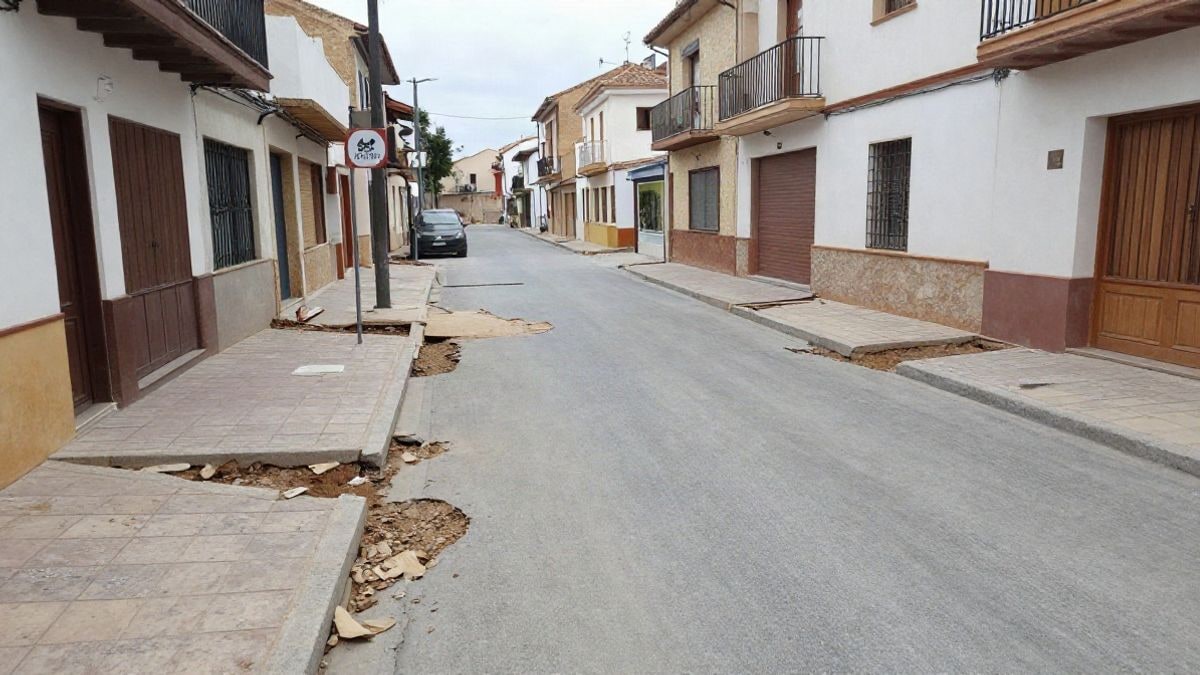 Imagen ilustrativa: calle residencial con aceras levantadas y materiales de obra en un barrio costero, bajo un cielo nublado.