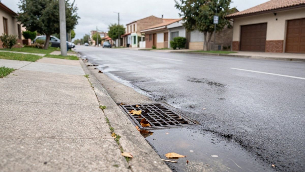 Imagen ilustrativa: calle con acumulación de agua junto a un imbornal obstruido por hojas