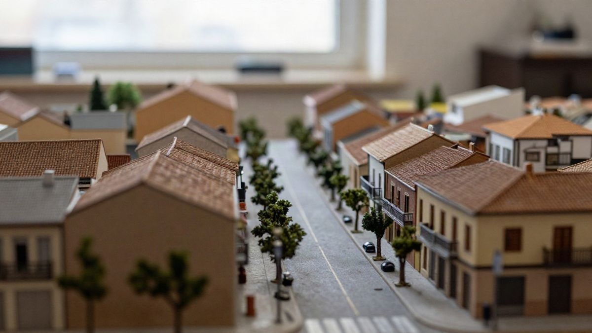 Imagen ilustrativa: primer plano de una maqueta arquitectónica con edificios y calles en miniatura