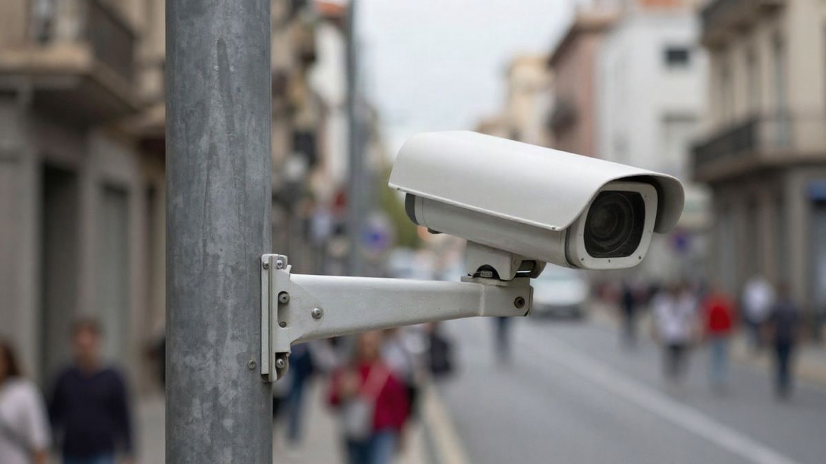 Imagen ilustrativa: detalle de una cámara de videovigilancia móvil instalada en un poste metálico temporal