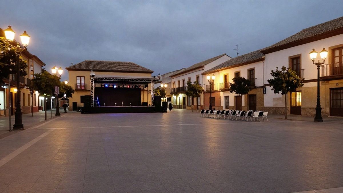 Imagen ilustrativa: plaza pública de noche iluminada con sillas y escenario montados para un evento al aire libre