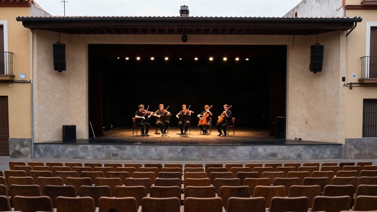 Imagen ilustrativa: un cuarteto de cuerda actuando en un escenario de auditorio con butacas vacías en primer plano