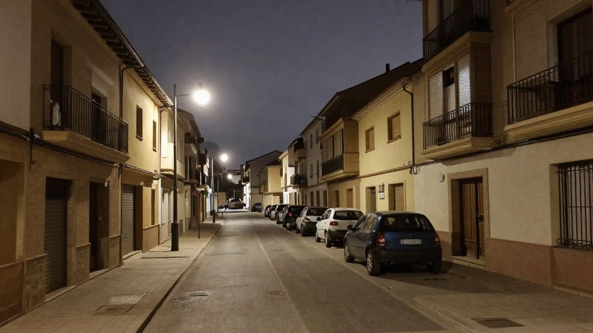 Imagen ilustrativa: calle residencial de un municipio español iluminada por farolas durante la noche
