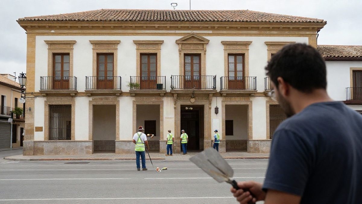 Imagen ilustrativa: fachada de un edificio municipal genérico con varios operarios de mantenimiento trabajando de espaldas.
