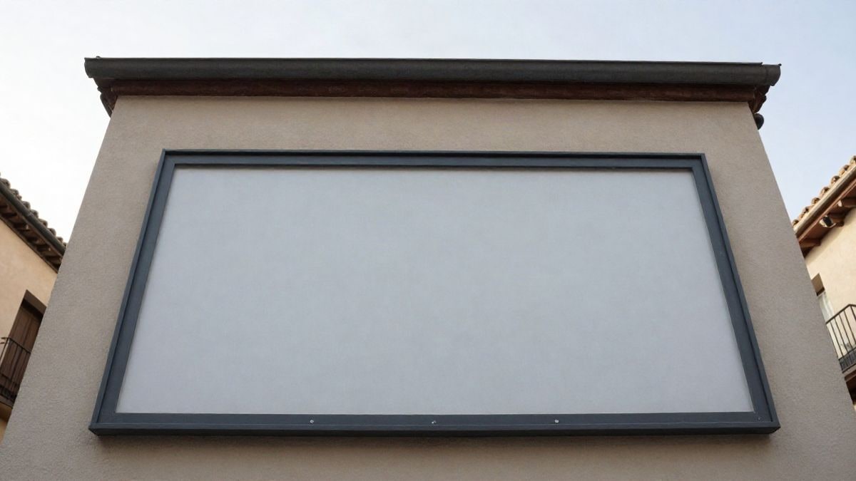 Imagen ilustrativa: ángulo bajo de la fachada de un edificio municipal con un tablón de anuncios vacío y cielo despejado