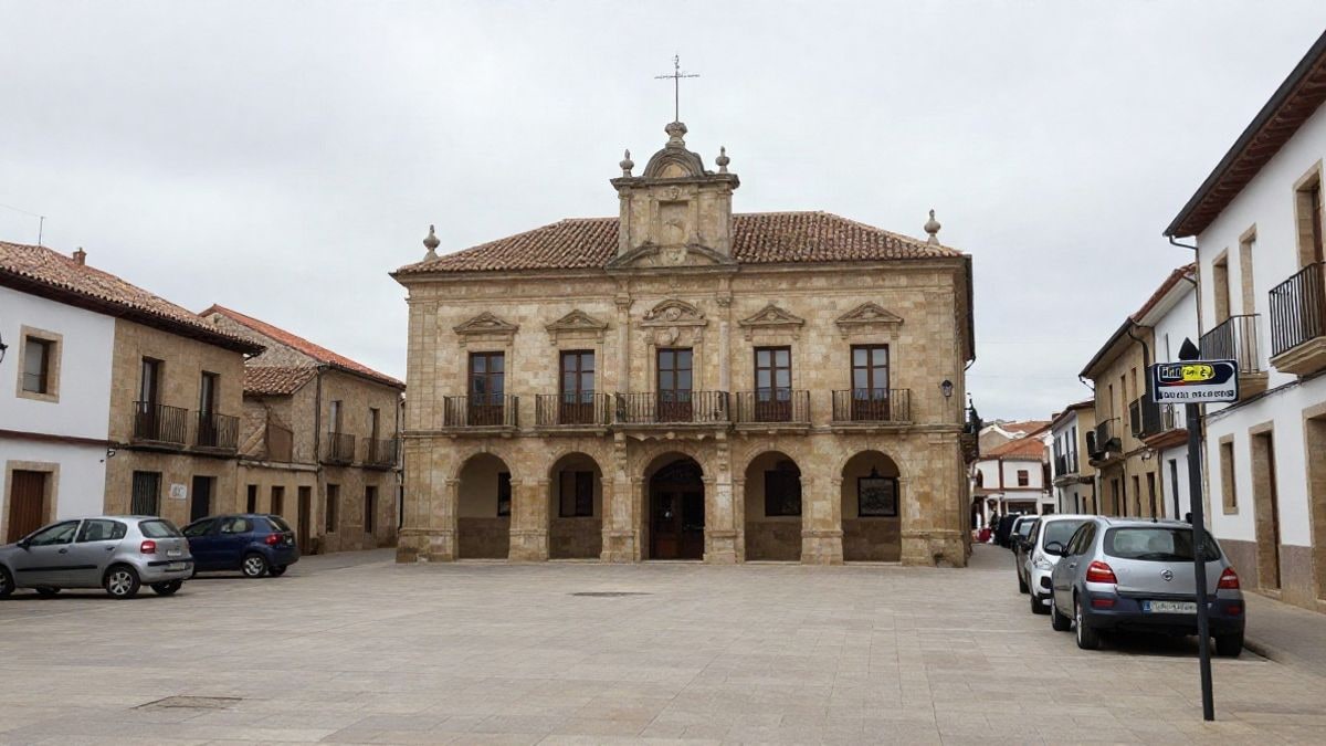 Imagen ilustrativa: una plaza de un pueblo extremeño con edificios de piedra y coches aparcados