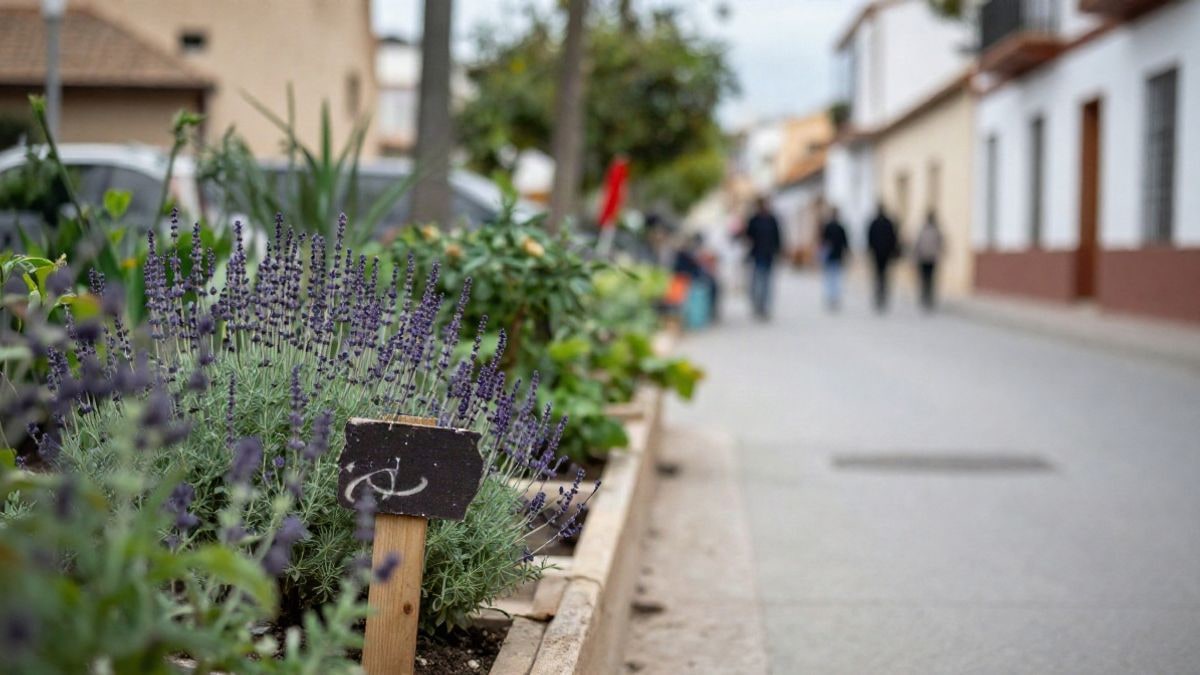 Imagen ilustrativa: sendero de un jardín comunitario con plantas aromáticas y un cartel de madera genérico