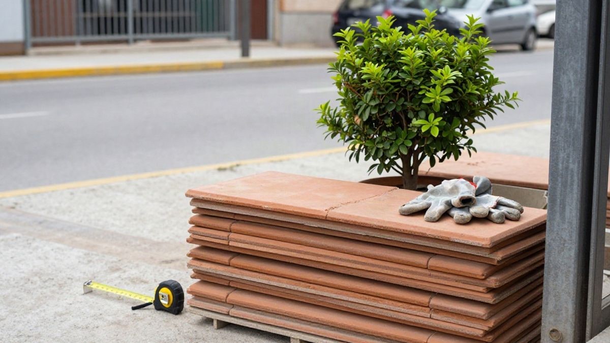 Imagen ilustrativa: detalle de materiales de obra y vegetación en una calle urbana