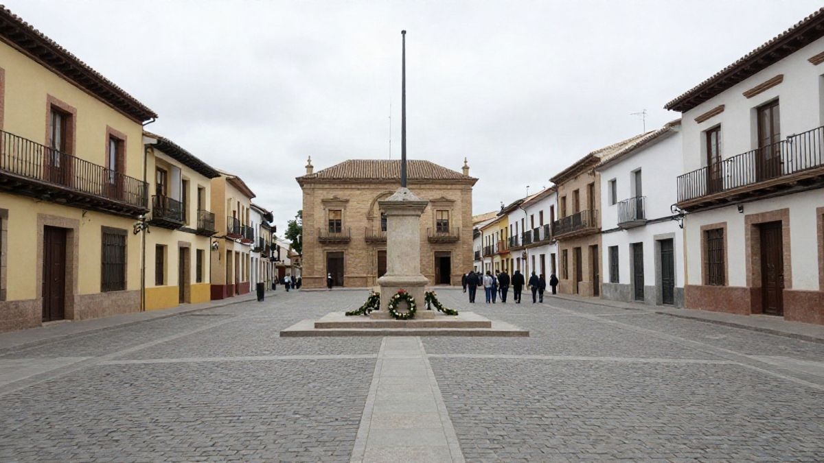 Imagen ilustrativa: plaza con un pedestal vacío y coronas de flores en la base, sin personas.
